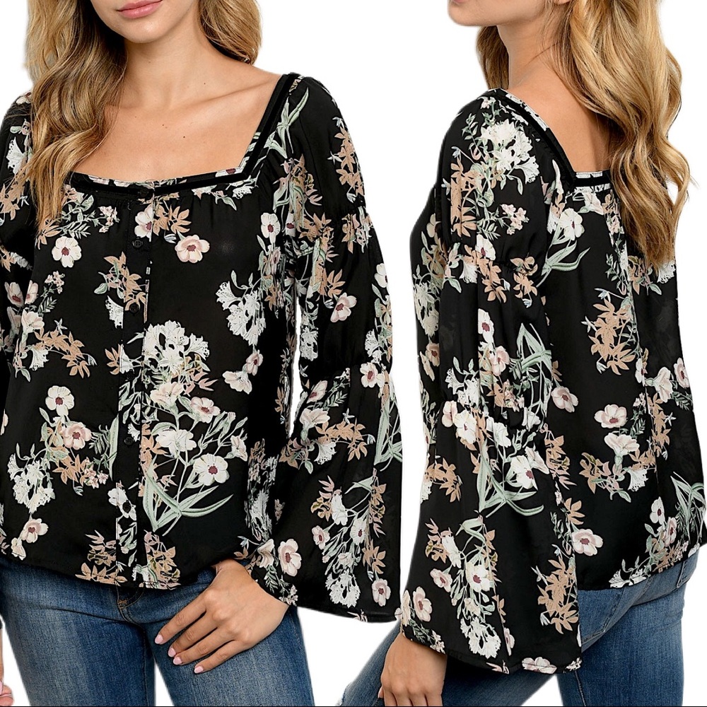 Flower child hippie Long sleeve square neck floral